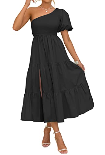 ZESICA Women's Boho Summer One Shoulder Short Sleeve Smocked Side Split Ruffle Swing Midi Dress