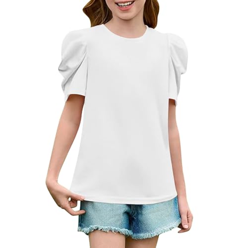 Girls Puff Sleeve T-Shirts 2025 Kids Fashion Short Sleeve Tween Girls Summer Elegant Dressy Casual Blouse Longline