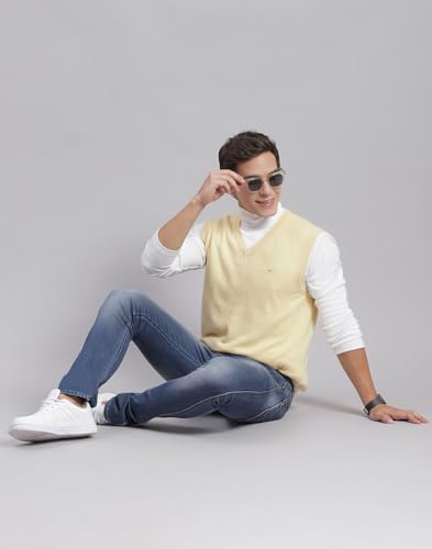 Image of Monte Carlo Off White Solid V Neck Sweater | Warm Woolen Pullover for Men | Soft Comfortable Knitted Winter Wear Sweater for Men's