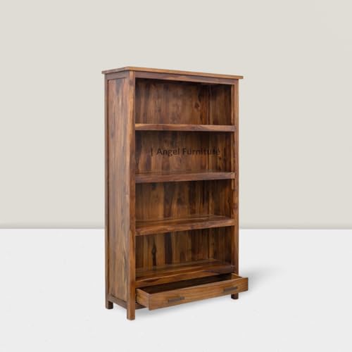 Image of ANGEL FURNITURE Solid Sheesham Wood Bookshelf with Drawer | Large Full-Size Storage Rack | Honey Finish, Semi-Gloss | 100x40x175 CM Honey Finish