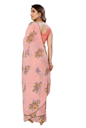 RAJESHWAR FASHION WITH RF Women's Predraped Georgette Sari with Lace Trim and Plain Blouse (Ready to Wear in a Minute)