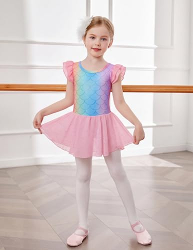 Image of Arshiner Girls Shiny Ruffle Sleeve Ballet Leotard with Skirt Criss-Cross Back Dance Dresses