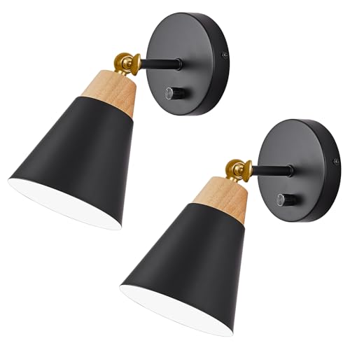 Image of Wall Sconce Set of 2, Wall Sconce Lighting Fixture with Metal Shade, Rotary Switch, Indoor Decor Wall Mount Swing Arm Lamp for Bedroom,Hallway,Living Room,Reading, Black