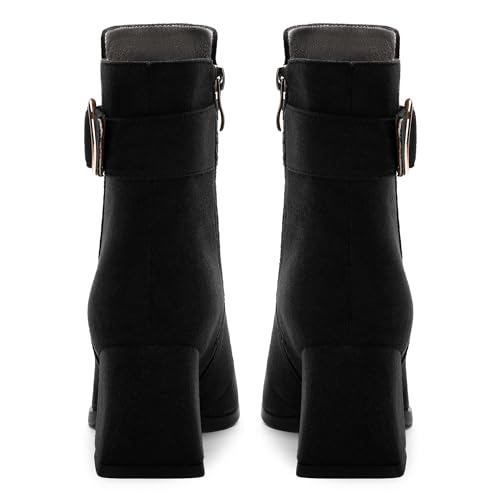 Women's Black Square Toe Mid Heel Ankle Booties with Side Zipper, Fashion Buckle Strap Ankle Boots for Women4