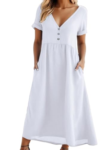 Onsoyours Damen Baumwolle Kleider Sommer Maxi Tunika Kleid Lang Sommerkleid Einfarbig Strandkleid Boho Casual Lose Swing Lässig Kleid Kurzarm...
