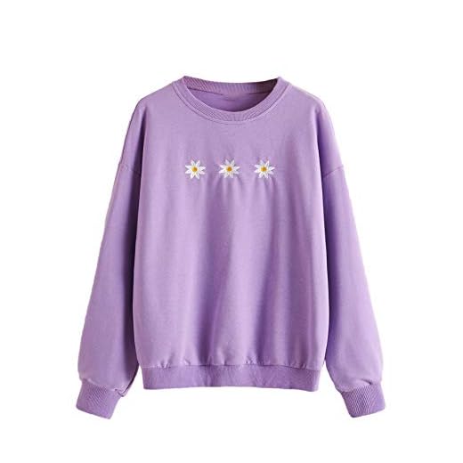 MakeMeChic Women's Floral Embroidered Round Neck Long Sleeve Sweatshirt Pullover Tops Lilac Purple S