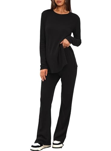 Darong Womens 2 Piece Pajamas Sets Ribbed Knit Lounge Sets Long Sleeve Top and Pants 2024 Fall Matching Outfits