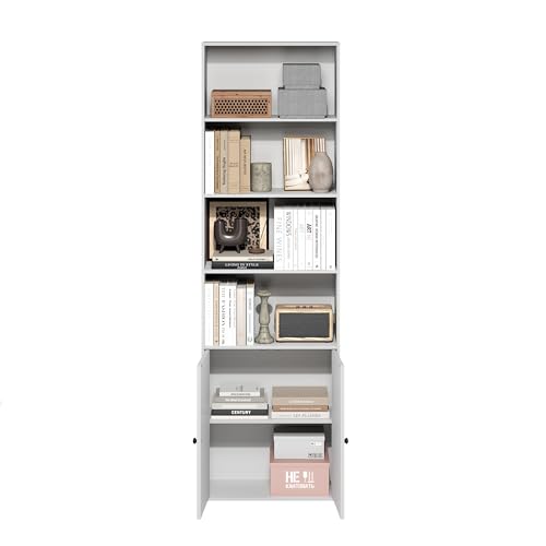 Furinno Jensen Landhausstil 6-stöckiges Ausstellungsregal, Bücherregal mit Türen, Weiß