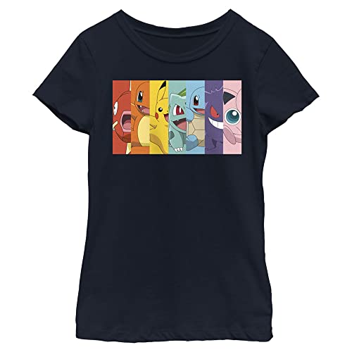 Pokemon Girls Poke Rainbow Short Sleeve Tee Shirt, Navy Blue, X-Small