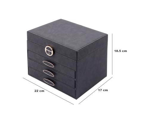 Image of BucketList Luxury PU Leather Jewellery Organizer Box with Mirror & Lock | 3 Drawer Jewelry Storage Case with Ring Rolls & Compartments (4 Drawers Jewelry Box with Mirror (Black))