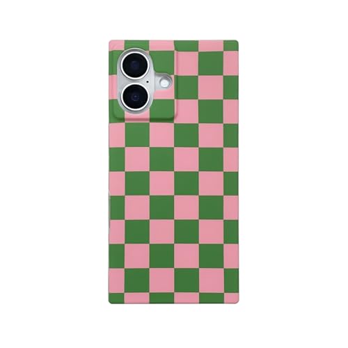 Rectangle Pink Green Checkered Phone Case for iPhone 16(NOT Pro),Trendy Retro Aesthetic Checkereboard Matte Rectangled Edge Slim Protective Funda para Cover for iPhone 16 6.1in