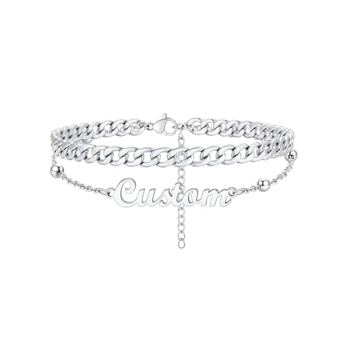 Custom4U Custom Name Anklet Bracelets for Women Waterproof Beaded/Figaro/Cuban/Rope/Wheat Chain Anklet Stackable Gold Plated Non Tarnish Custom Beach