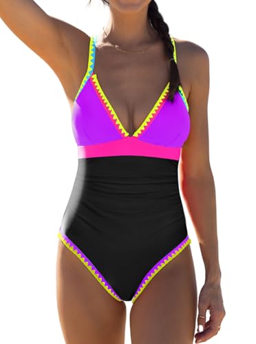 popvil One Piece Swimsuit Women 2025 Color Block Bathing Suit Plunge Shell Trim Swimwear Tie Back