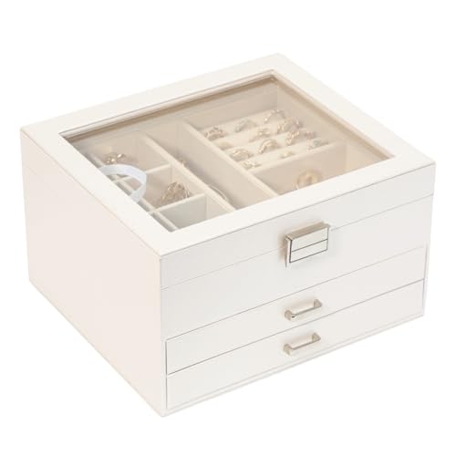 Clear Lid Jewelry Box,3 Layers Jewelry Organizer Large Multi-Functional Jewelry Storage Box with 2 Drawers,Jewelry Display Case of Rings Earrings Necklace Bracelets for Women Girls (Light gold)