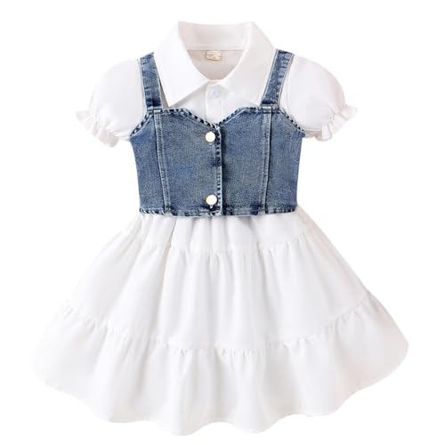 Girl's Sundresses Summer Lapel Short Sleeve Solid Color Shirt Dress with Denim Vest
