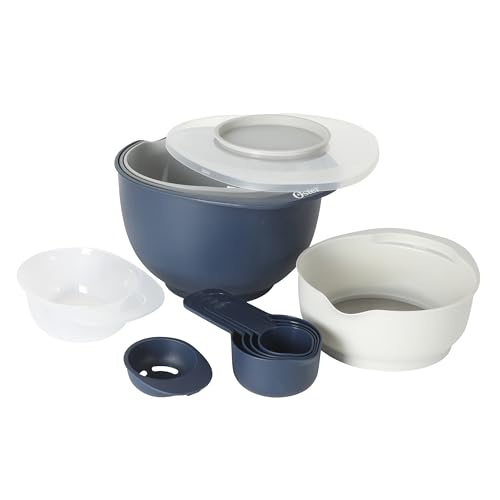Oster 12 Piece Nesting Mixing Bowl Set, 3 Bowls with Lids & 6 Measuring Cups, Non-Slip Bases, Pour Spouts, Space-Saving Kitchen Prep Set, Dishwasher Safe
