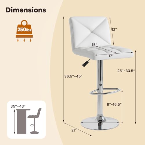 ERGOMASTER Sillas de Bar Giratorias Set de 2, Altura Ajustable, Tapizado en CUero PU, Base Metálica y Reposapiés, Silla Moderna para Isla de Cocina y Comedor (Blanco) miniatura 2