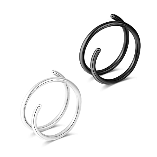 Fzroezz Double Nose Ring for Single Piercing Nose Piercing Percinging Jewelry Nostril Hoops Twist Spiral Nose Ring Loop Real Nose Rings Hoop for Women Girls Men 20 Gauge Surgical Steel Cute Hypoallergenic Pack Left Right side Easy Bendable 2PCS Silver Black 8mm