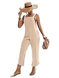 LYANER Women Wide Leg Straps Cotton Linen Bib Jumpsuit Loose Sleeveless Casual Overalls with Pockets Beige Large