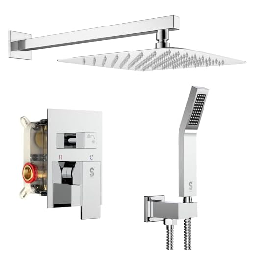 SR SUN RISE SRSH-D1203 12 Inches Bathroom Luxury Rain Mixer Shower Combo Set Wall Mounted Rainfall Shower Head System Polished Chrome Shower Faucet Rough-in Valve Body and Trim Included