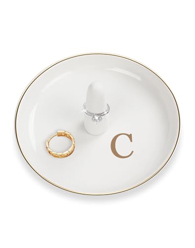 CulturaCraft Ceramic Ring Holder Dish - Monogrammed Jewery Tray Ring Dish Jewelry Holder Dish Room Decor, Personalized Engagement Wedding Gift Birthday Christmas Gifts for Women - Initial C
