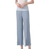 Damen Lounge Weitem Bein Palazzo-Hose Mit Taschen Leichte Lockere Plissierte Hose Elastische Taille Bequeme Kurz Geschnittene Hose (M,Hellblau)