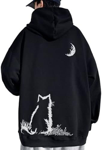 （20:00時点） [Bligo] メンズ パーカー おおきいサイズ 長袖 バックプリント 無地 快適 カジュアル ねこ好き ポケット 上着 ドロップショルダー トレーナー 厚手 ゆったり シンプル 韓国風 通勤 通学 春 夏 冬 Black-5XL