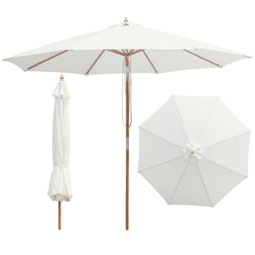 SUNNYARD 10FT Bamboo Patio Umbrella Large Outdoor Patio Umbrella UPF 50+ Sun Protection Rope Pulley Lift & Push-Button Tilt 8-Rib Ventilated for Garden Deck Backyard & Outdoor Dining Off White