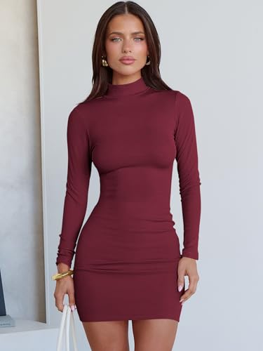 Image of ANRABESS Women Long Sleeve Mock Neck Bodycon Mini Dress 2026 Fall Ribbed Slim Fit Pencil Cocktail Club Night Dresses