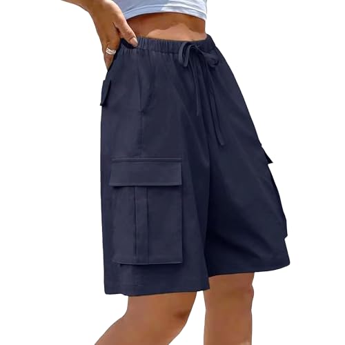 RegaliaKun Women's Summer Casual Cargo Shorts Elastic Waist Drawstring Hiking Bermuda Shorts with Pockets Navy