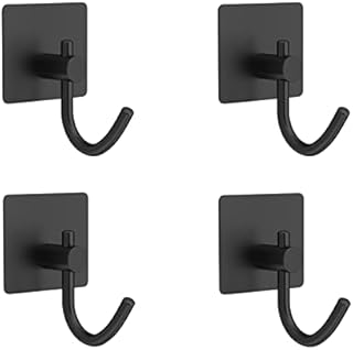 ANMEISH 4PCS Black Self Adhesive Coat Hooks for Hanging, Heavy Duty Stick On Wall and Door, Stainless Steel Sticky and Waterproof,Sticky Hooks Extra Strong for Towel Coat in Kitchen Bathroom Toilet