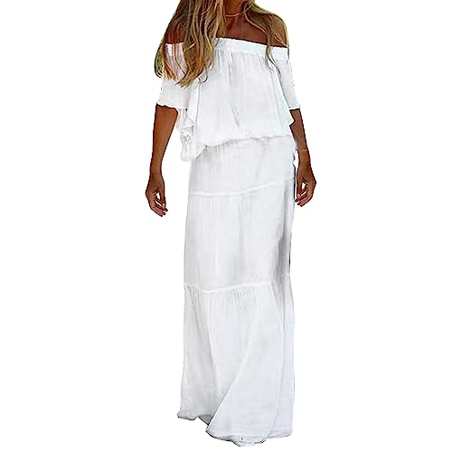 CreoQIJI Vestido de terciopelo para mujer, informal, liso, con un hombro, cintura elástica, manga corta, vestido largo, vestido de encaje, Blanco, XXL