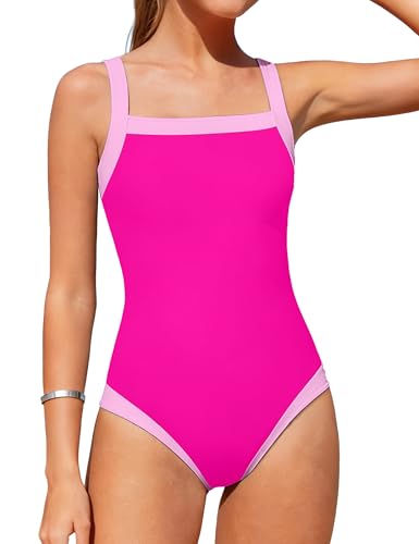 Image of Shallmu Girls Swimsuits Color Block Adjustable Thick Strap One Piece Bathing Suits with Cover Up Skirt Girl's Swimwear 9-16Y