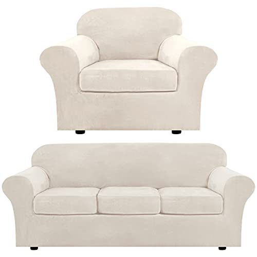 H.VERSAILTEX Velvet Plush Armchair Cover Bundles Sofa Cover for 3 Cushion Couch, Furniture Protector, Ultra Soft, Removable and Washable, Ivory