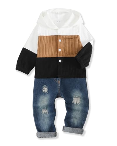 Renotemy Toddler Boy Clothes 4T 5T Fall Winter Boy Outfits Color Block Corduroy Hoodie Sweatshirt Ripped Jeans Warm Denim Clothing Set Fashion Hooded Sweatsuits Clothes for Boys Size 4-5T