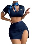 RoseSeek Women's 4 Piece Roleplay Lingerie Set Crop Tee and Mini Skirts Flight Attendant Costume Dark Blue Large