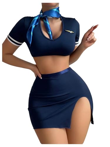 RoseSeek Women's 4 piece Roleplay Lingerie Set Crop Tee and Mini Skirts Cosplay Costumes Outfits Dark Blue Large
