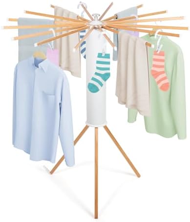Todeco Etendoir Linge Interieur avec 10 Pinces à Linge, Séchoir à Rayons en éventail en Bois, Séchoir à Linge Pliant pour Le Linge de Petite Taille terrasse Jardin