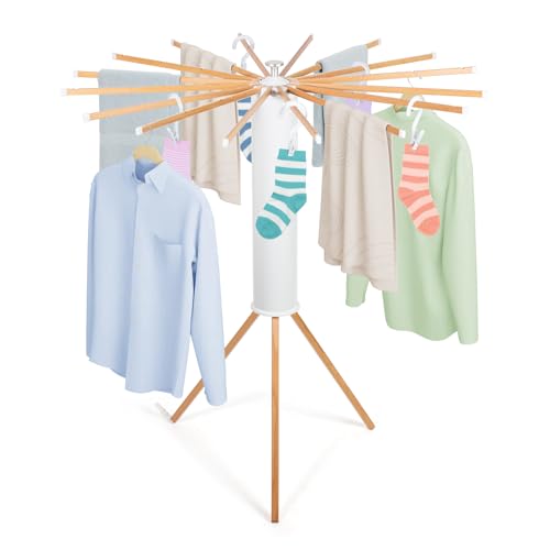 Todeco Etendoir Linge Interieur avec 10 Pinces à Linge, Séchoir à Rayons en éventail en Bois, Séchoir à Linge Pliant pour Le Linge de Petite Taille terrasse Jardin