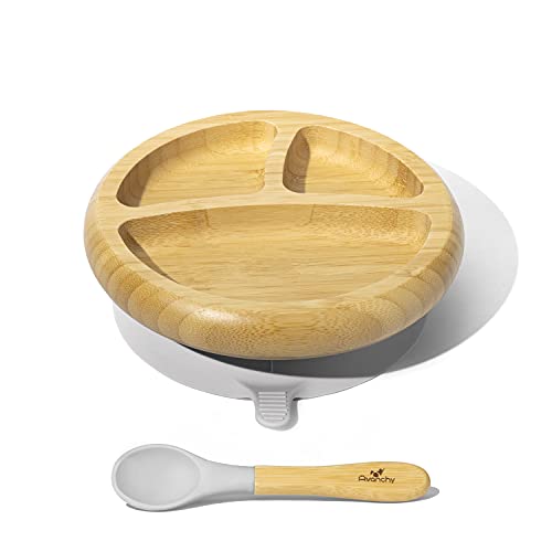 Image of Avanchy Baby Plates Divided Bamboo with Suction for Babies Kids Toddler Food with Silicone Spoon for Feeding (Gray)