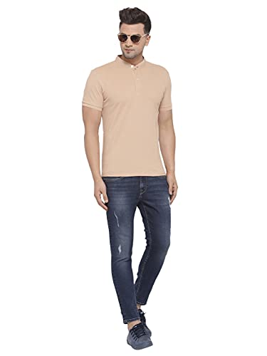 Image of Style Quotient Men Beige Solid Mandarin Collar T-Shirt
