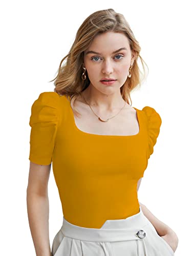 Image of Shasmi Women's & Girl's Polyester Regular Fit Square Neck Short Puff Sleeve Ruched Bust Solid Tops (Shree Top 27)