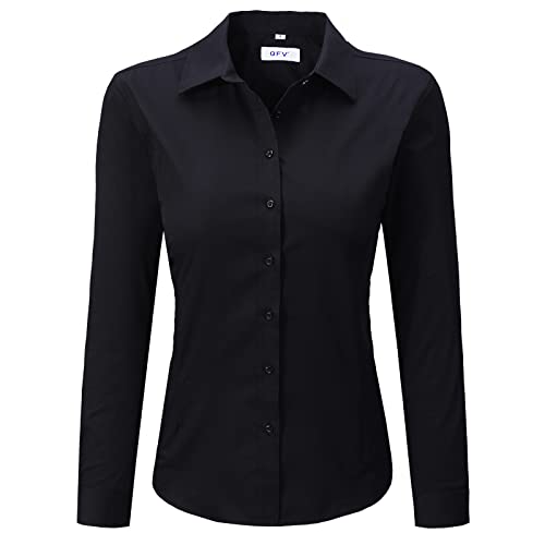 Womens Button Up Shirts Slim-Fit Long Sleeve Stretch Cotton Basic Work Shirt