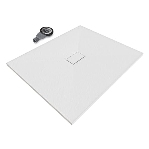 SMC BOREAL Duschwanne 120x100 cm, extra flache und robuste Duschtasse 26MM aus langlebigem SMC mit ANTI-Rutsch-Oberfläche In Schieferoptik/Steinoptik inkl. Ablaufgarnitur mit SMC Deckel - Weiß