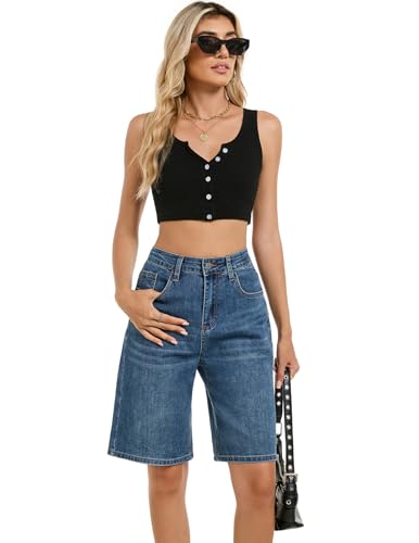 TOSATISFINE Jean Shorts for Women High Waisted Knee Length Trendy Long Denim Bermuda Shorts Summer Jorts Blue XL — view 4