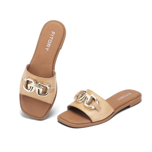 FITORY Women’s Sandals Fashion Soft Slides with Gold Buckle for Summer | Square Toe, Dressy, Comfortable, Cute Flat, Beach, Leather, Ladies, Slip on, Casual, Work, Trendy, Fancy, Formal