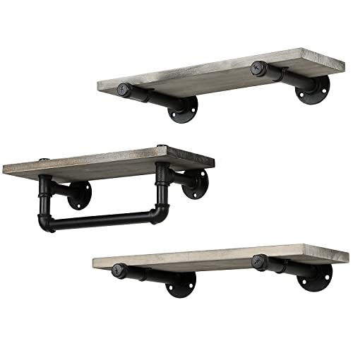 Mygift Wall Mounted Weathered Gray Solid Wood Floating Display Shelf And Industrial Pipe Hanging Bar Organizer Rack, Decorative Bathroom Shelving With Towel Bar, 3 Piece Set #TOP5