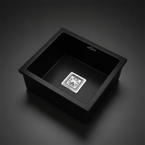 Image of ARQUIN Quartz Sink 18x16x9 Inch Black | Single Bowl Sink | Durable & Scratch-Resistant | Undermount /Topmount Including Coupling, Waste Pipe & Fruit Washing Basket