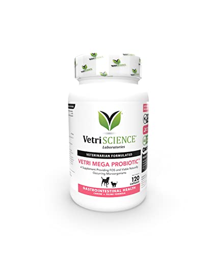 VetriScience Laboratories Vetri Mega Probiotic and Prebiotic for Dogs and Cats, 120 Capsules - Digestive Relief - Easy to Give Capsules - GI Support