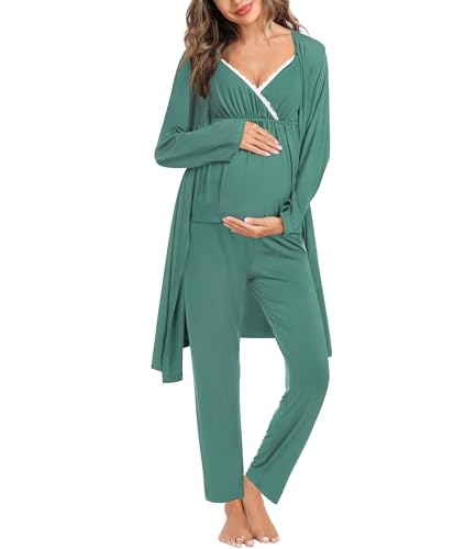 Image of SWOMOG Maternity Nursing Robe Set 3 Piece Breastfeeding Pajamas 3 in 1 Labor Delivery Sleevless Tops&Long Pants Pregnancy Pjs